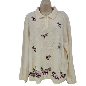 Grandmacore Sweater Women XL Cream Floral Embroidered Knit Cabincore Cozycore